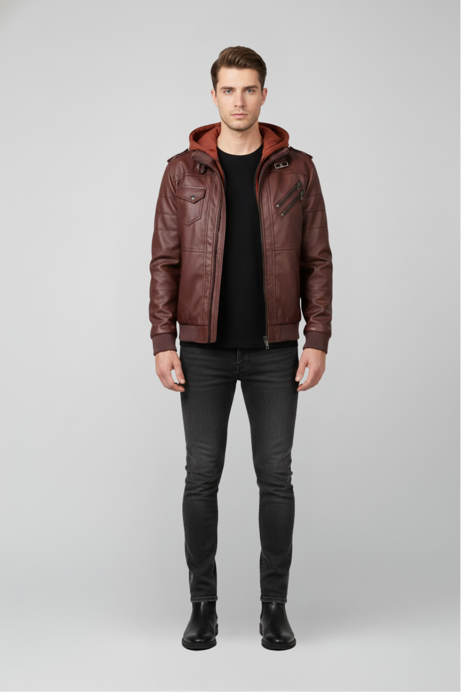 Chaqueta de Cuero Urbana con Capucha